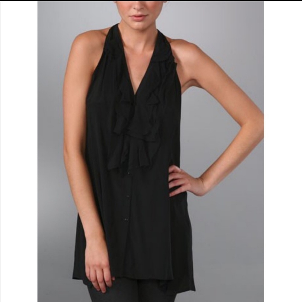 Vince Black Ruffle V-neck Silk Blend Blouse